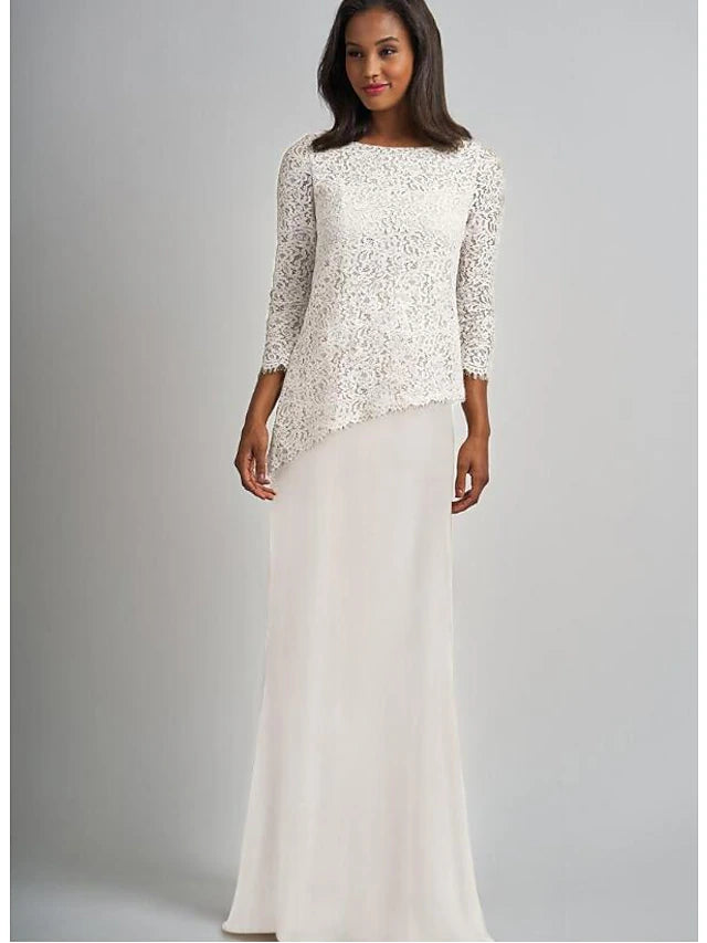 Elegant sheath Mother of the Bride dress with bateau neck, chiffon lace, and 3/4 sleeves.