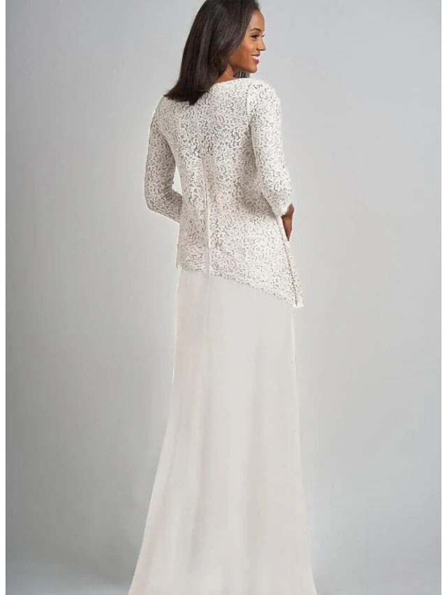 Floor length sheath Mother of the Bride dress, showing back details and lace embellishments.