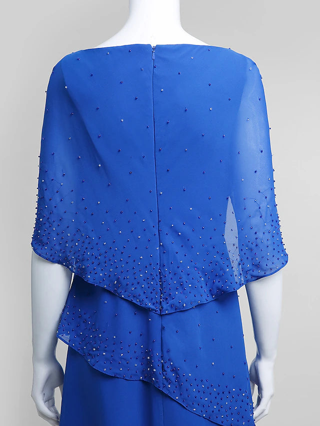 Full length view of the elegant chiffon Mother of the Bride dress.