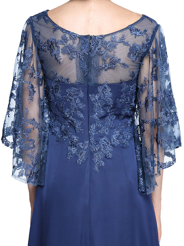 Mother of the Bride dress featuring a bateau neckline and delicate half sleeves.
