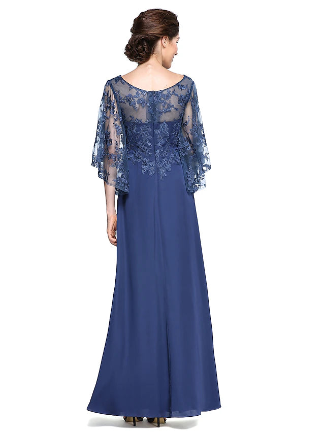 Full view of the elegant Mother of the Bride dress with sheer lace accents.