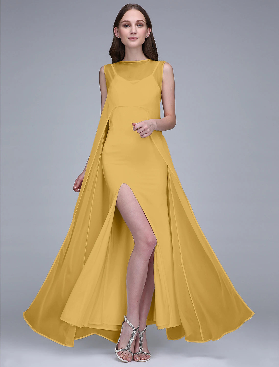 Back view of the sheath bridesmaid dress, highlighting the open back design.