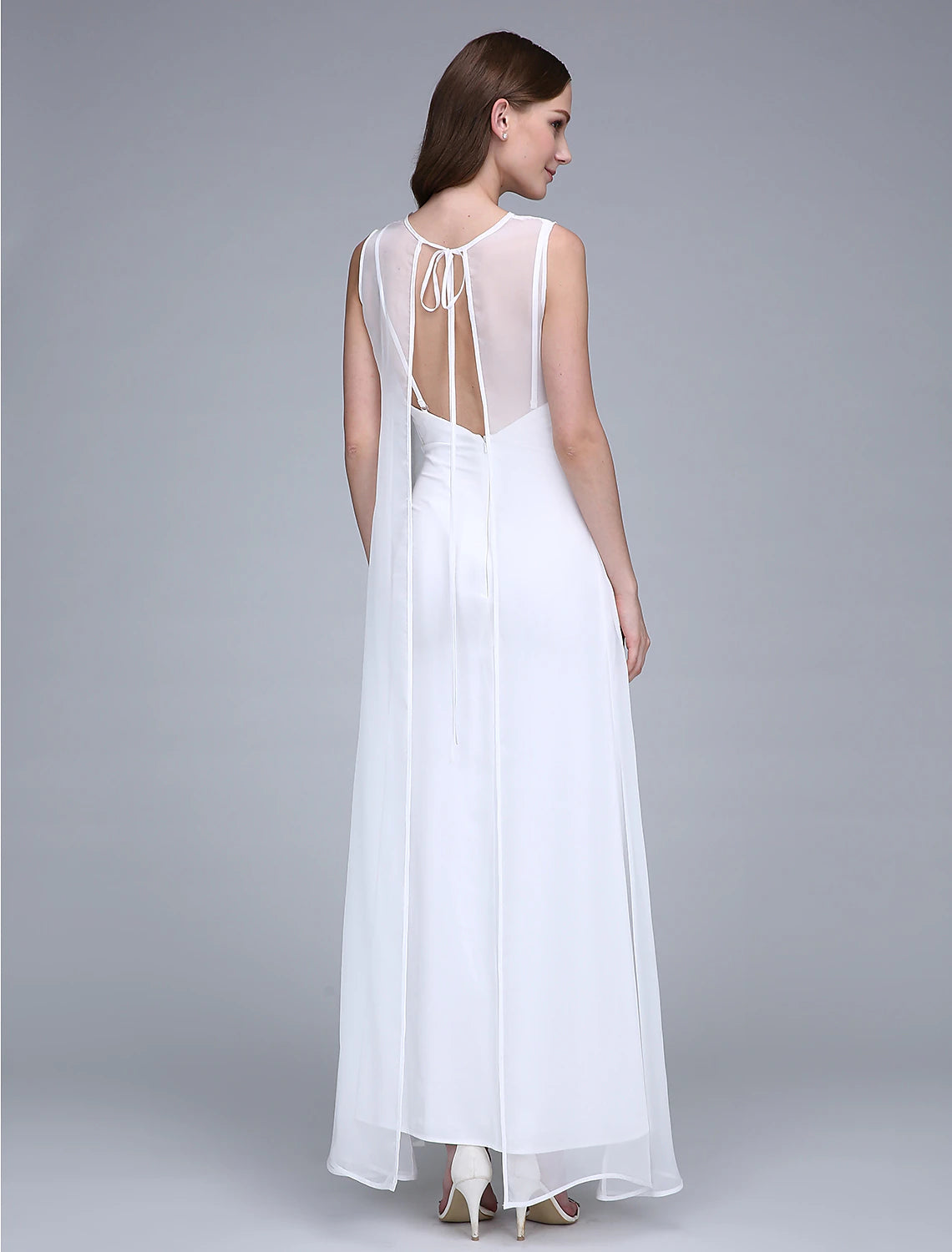 Close-up of the bateau neckline and sleeveless cut of the bridesmaid dress.