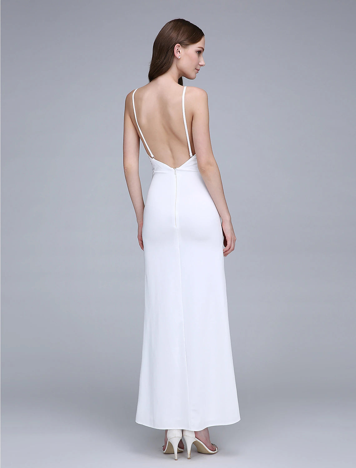Detail of the elegant split front on the ankle-length bridesmaid gown.