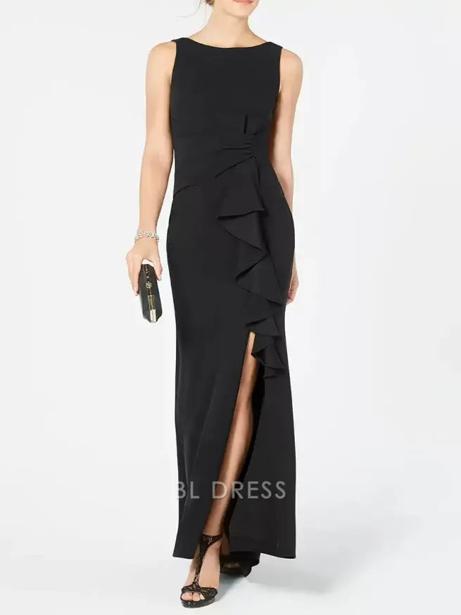 Back view of the elegant bateau neck sheath dress with subtle pleats.