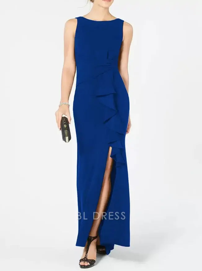Woman posing in a sophisticated sleeveless pleated maxi dress.