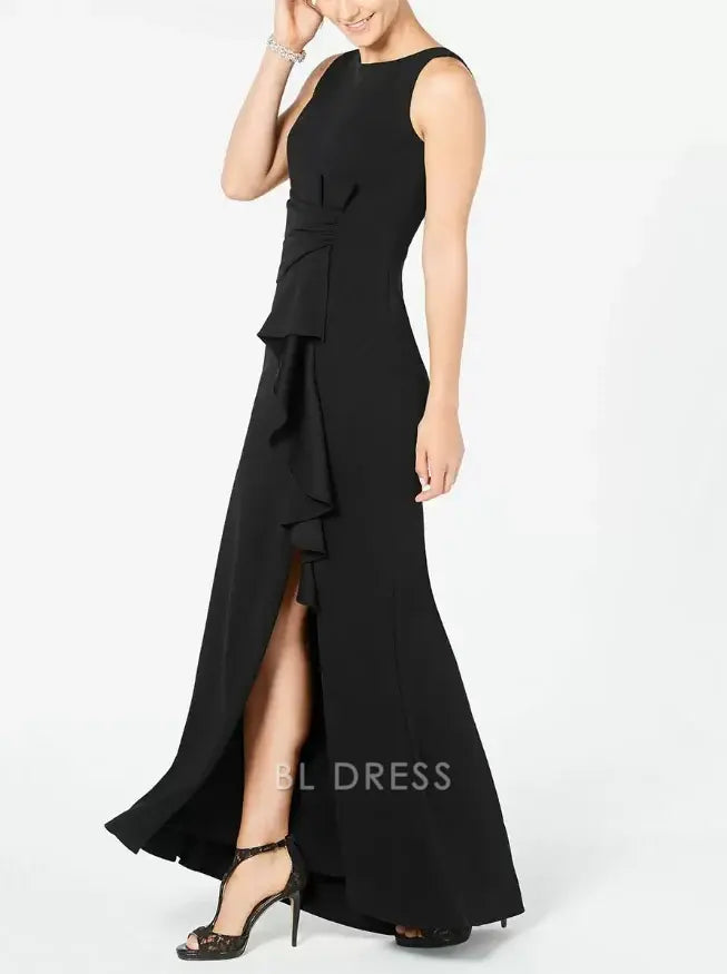 Full length view of the pleated bateau neck dress.