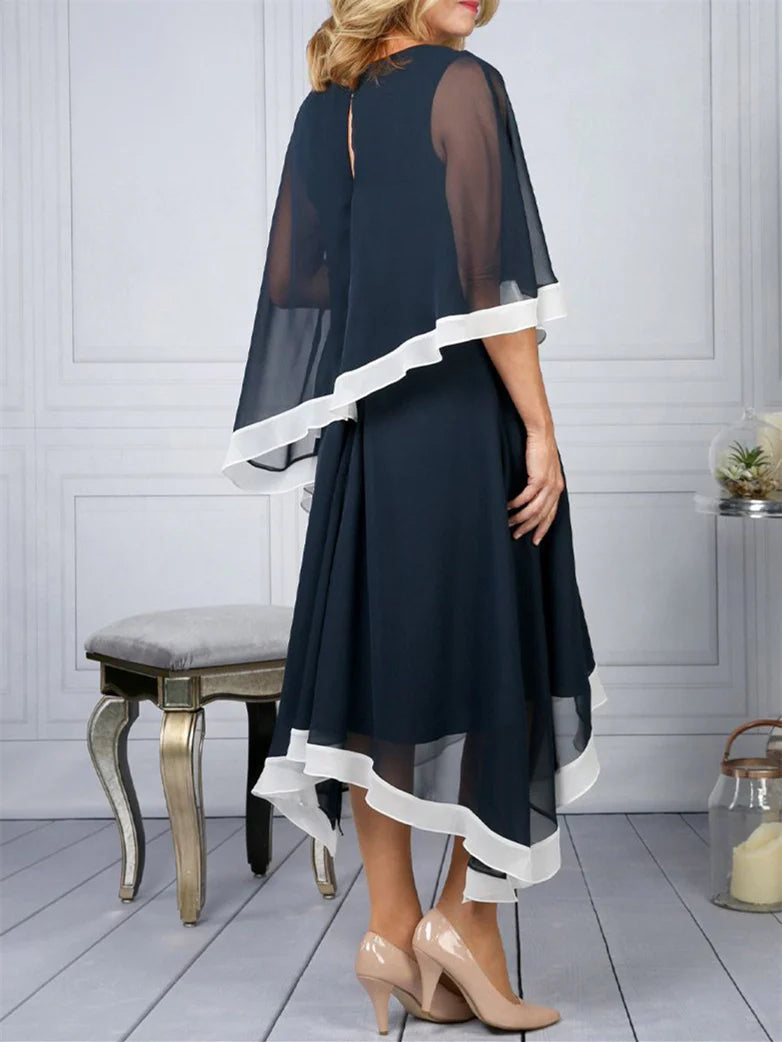 Side view of a formal mother of the bride dress.