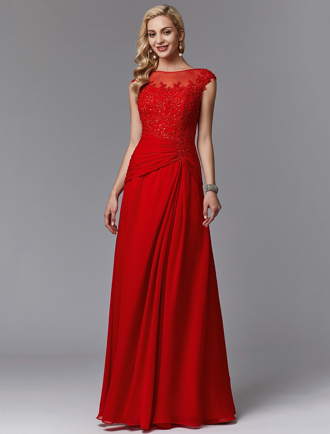 Elegant sheath Mother of the Bride dress with boat neck and lace appliques.