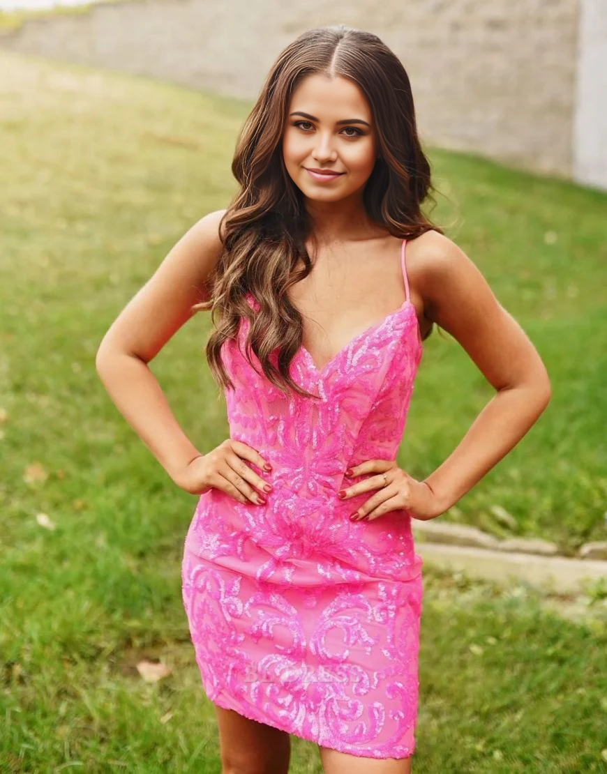 Fuchsia short bodycon sheath dress with spaghetti straps, front view.