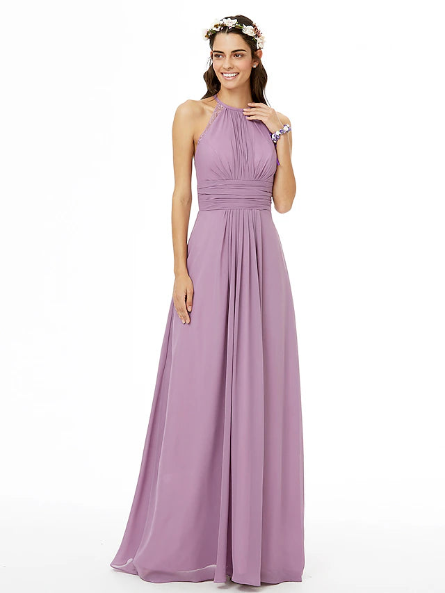 Elegant jewel neck sheath bridesmaid dress in chiffon.