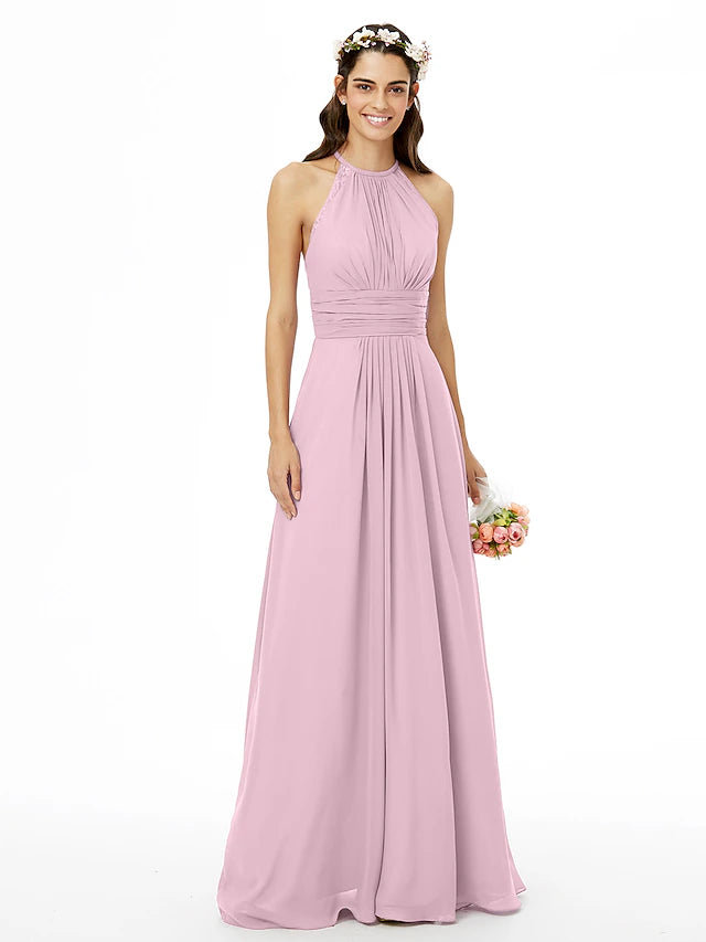 Back view of a floor-length chiffon bridesmaid dress with beautiful back detail.