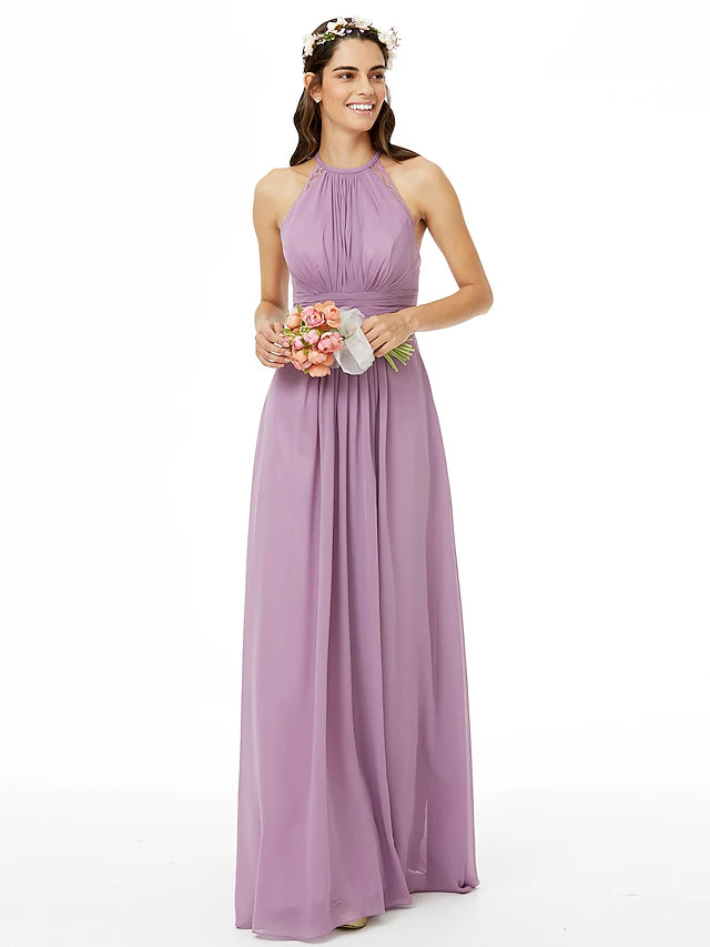 Full length view of a column bridesmaid dress.
