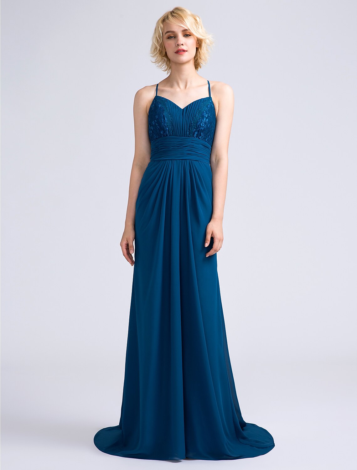 Elegant sheath bridesmaid dress with spaghetti straps and open back, front view.