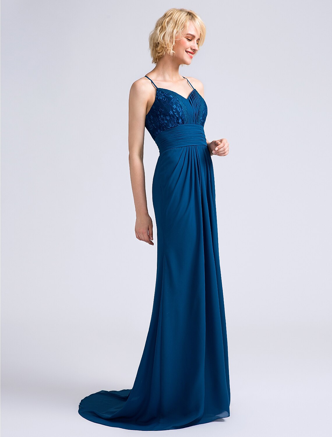 Full length view of the sheath bridesmaid dress with a flowing sweep train.