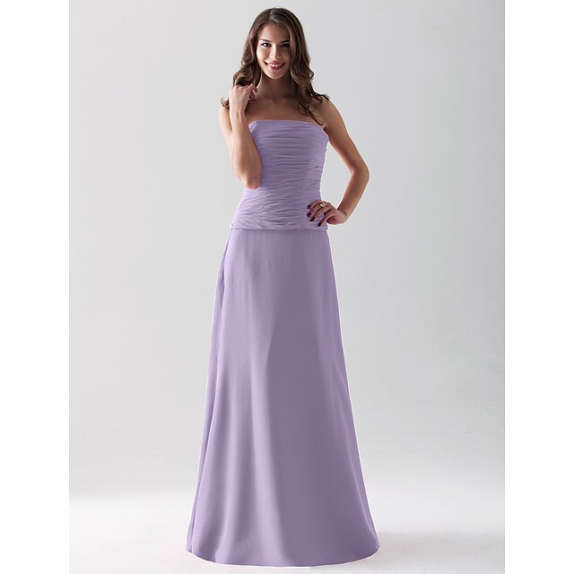 Side view of a ruched strapless column bridesmaid dress.