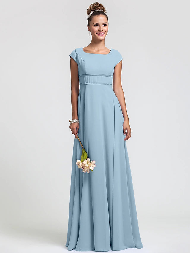 Elegant sheath chiffon bridesmaid dress in pink, with a square neckline and short sleeves.