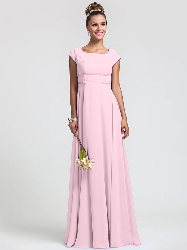 Elegant sheath chiffon bridesmaid dress in blue, showcasing a square neck and short sleeves.