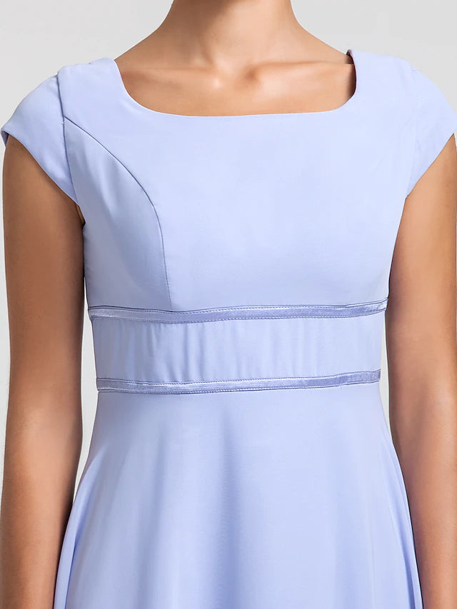 Elegant sheath chiffon bridesmaid dress in purple, designed with a square neck and short sleeves.