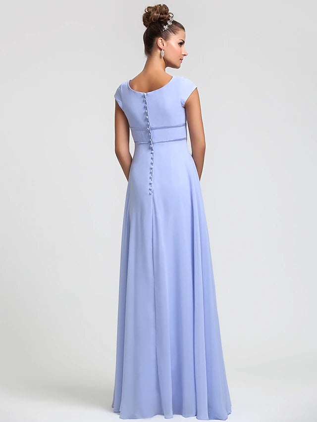 Elegant sheath chiffon bridesmaid dress in light blue, showcasing a square neck and short sleeves.