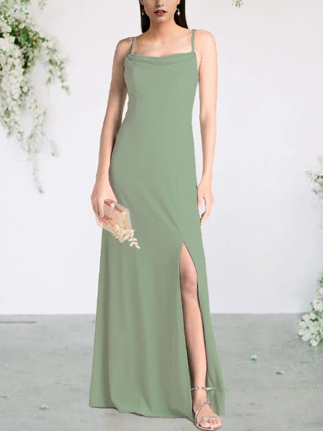 Side view of the floor-length spaghetti strap bridesmaid dress.