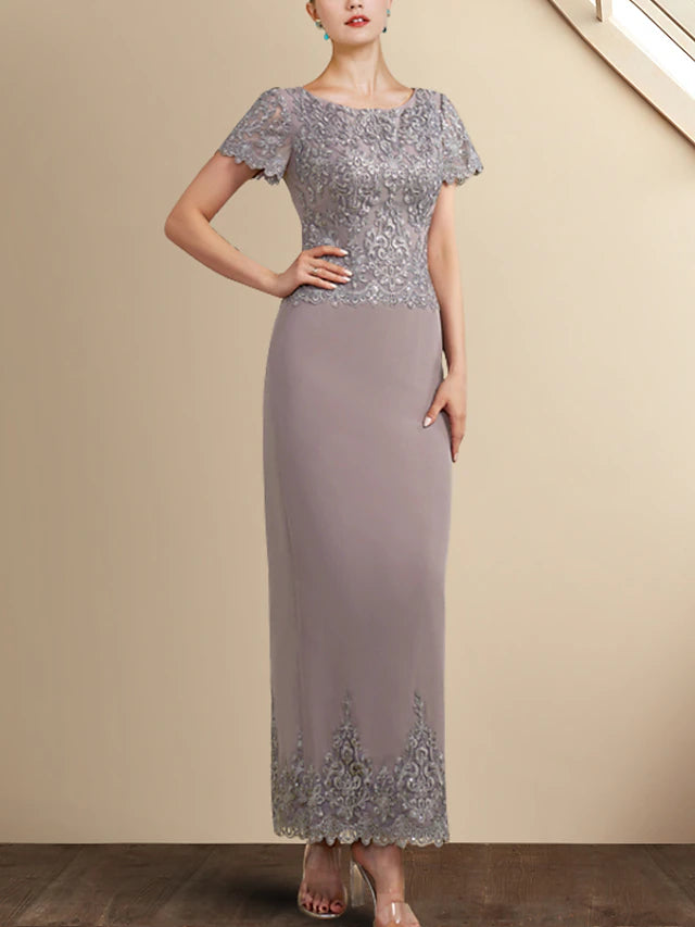 Back view of the ankle-length chiffon lace Mother of the Bride gown with appliques.