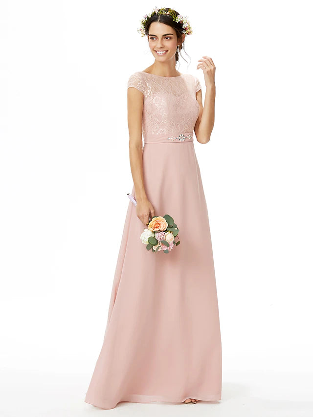 Elegant sheath bridesmaid dress with bateau neck and short sleeves.