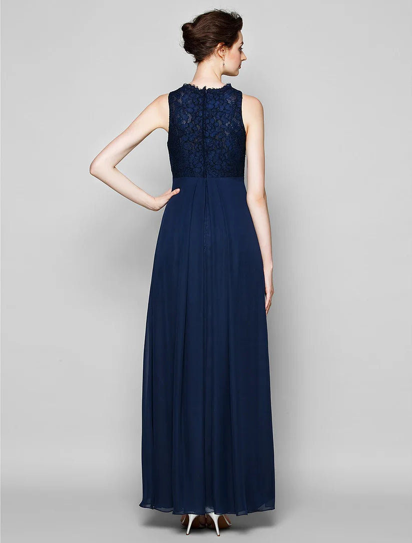 Elegant sheath column bridesmaid dress with jewel neck and sleeveless design, made from chiffon and lace.