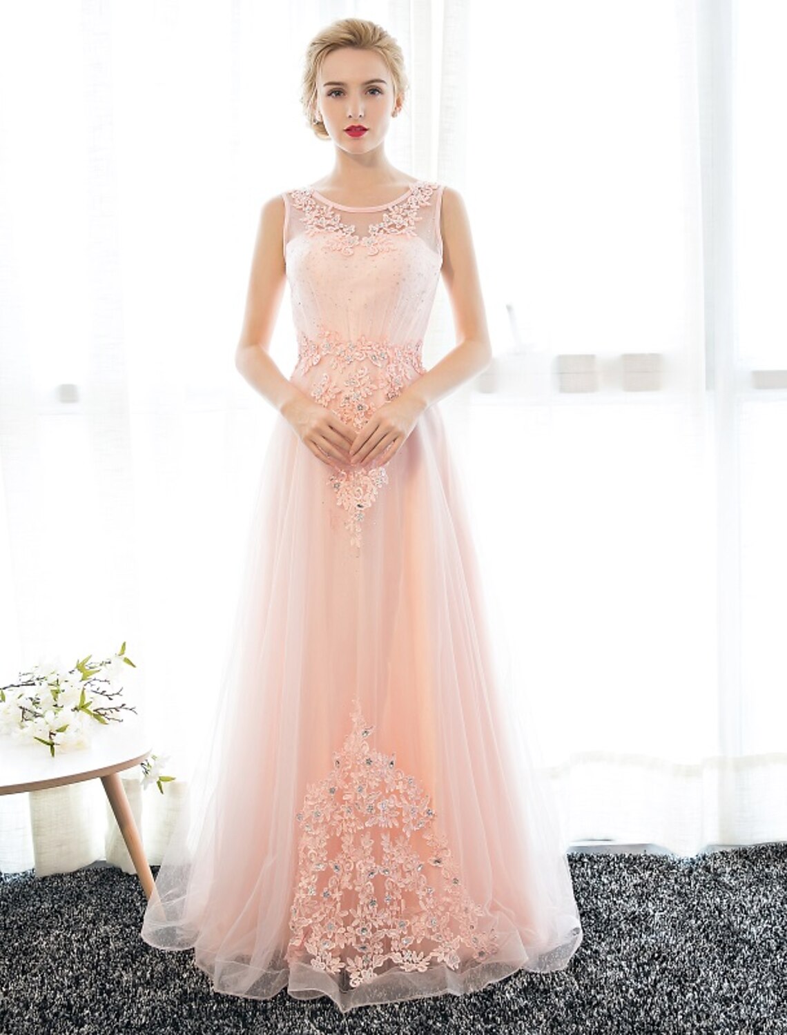Elegant Sheath Column wedding guest gown with illusion neck and crystal appliques.