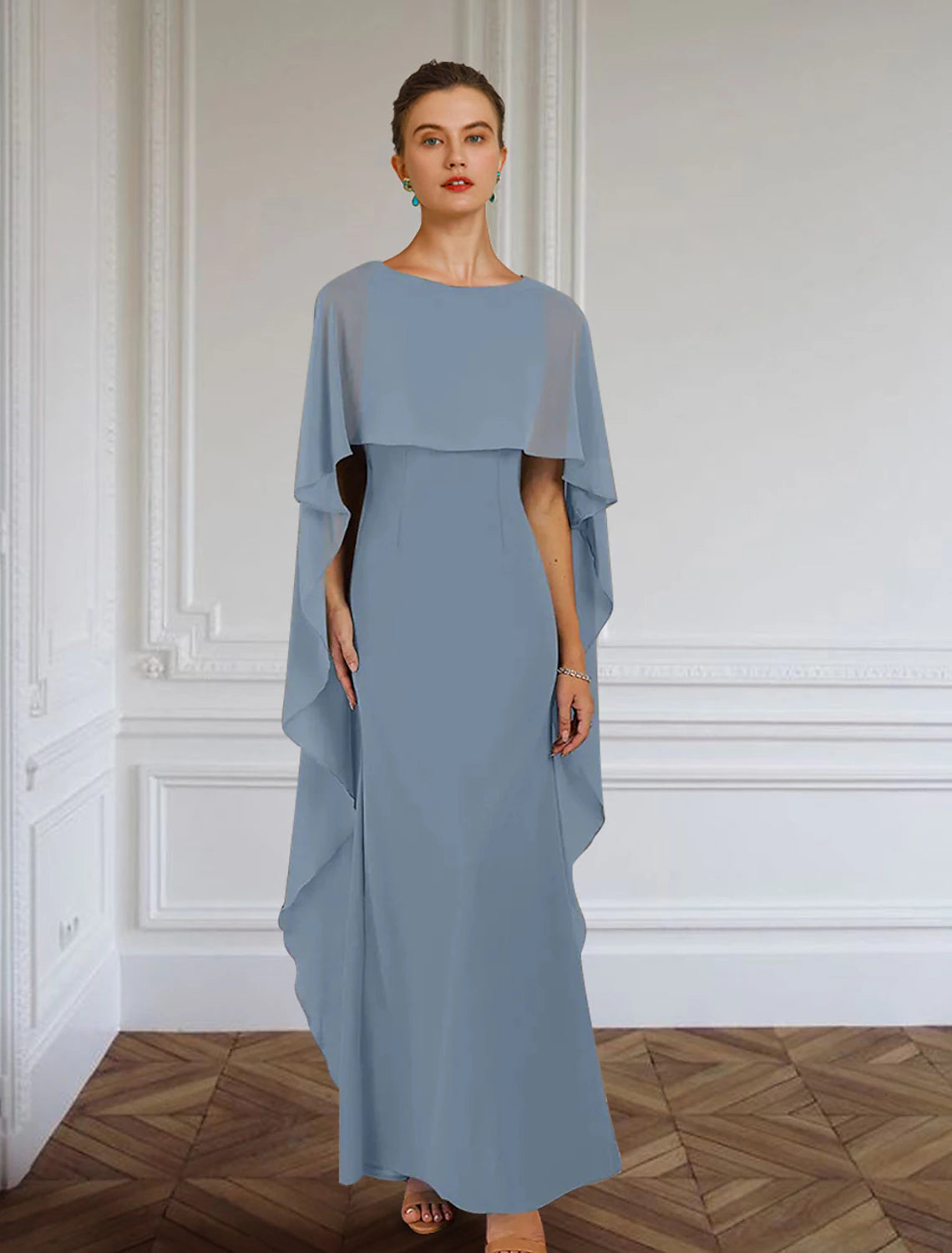 Elegant floor-length sheath column dress with jewel neck and side draping.