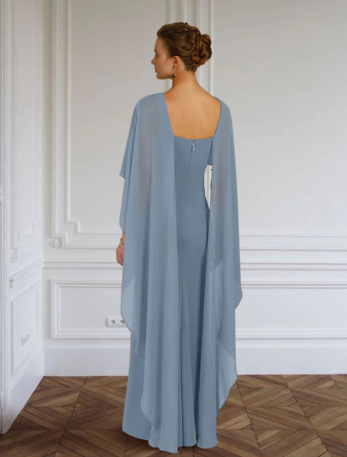 Side view of the elegant chiffon dress, highlighting the delicate side draping.