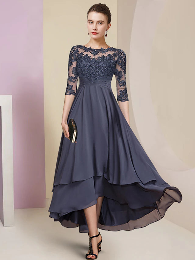 Elegant sheath Mother of the Bride dress with jewel neck and high-low hem.