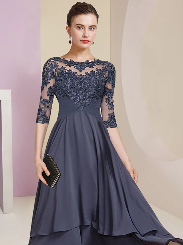 Side view of the asymmetrical high-low Mother of the Bride dress.
