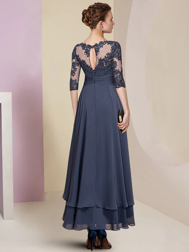 Back view of the elegant half-sleeve wedding guest dress.