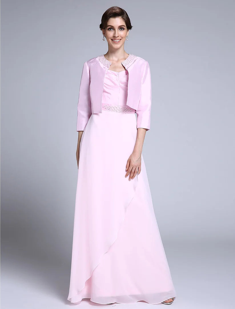 Elegant Mother of the Bride Sheath Column Dress with scoop neck and 3/4 sleeves, featuring delicate beading.