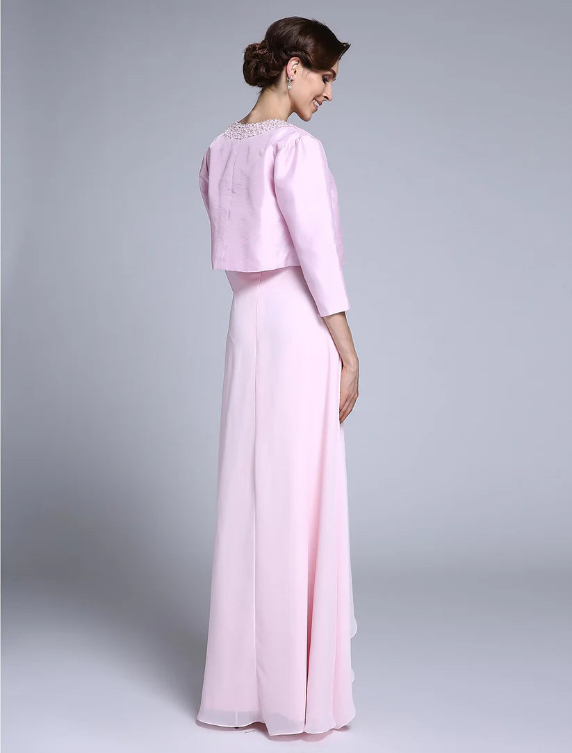 Back view of the chiffon Mother of the Bride gown, showcasing the floor-length silhouette.