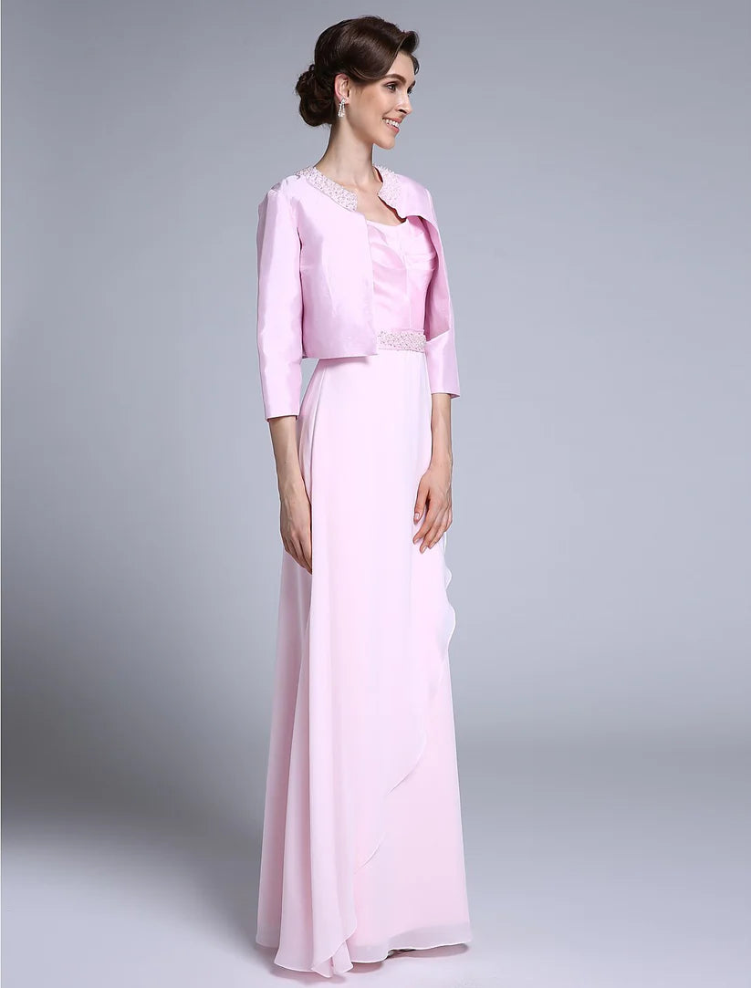 Side profile of the beaded chiffon dress, highlighting the sheath column style.