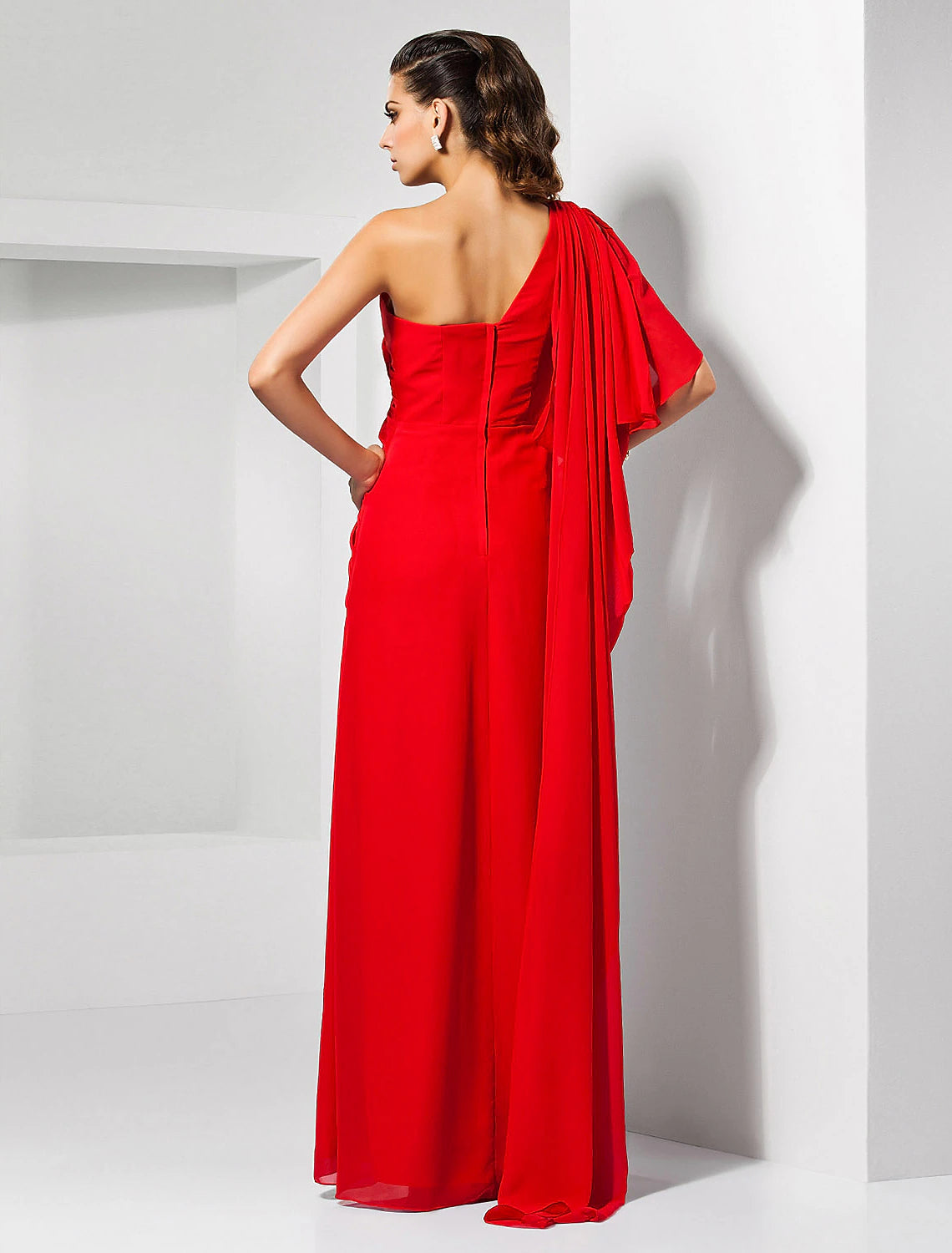 Model walking in the blue one-shoulder dress, emphasizing the floor-length design.