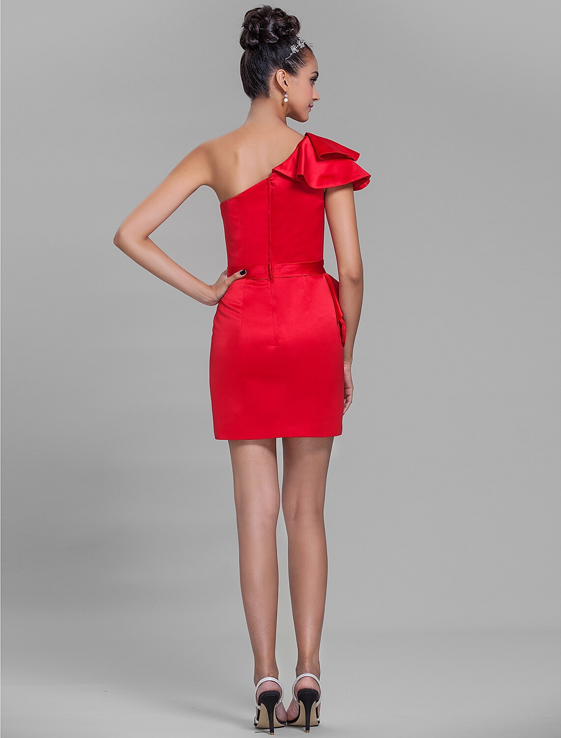 Back view of the one-shoulder satin bridesmaid dress, showing the sheath column silhouette.