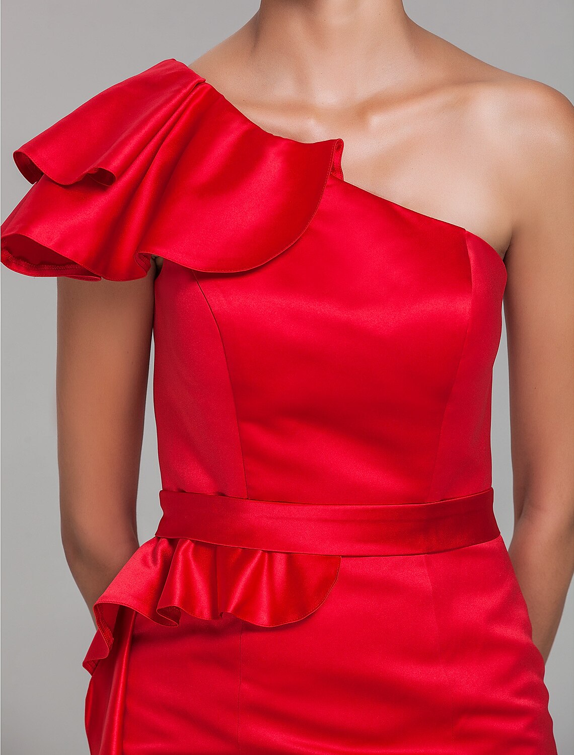 Side view of the short satin bridesmaid dress, highlighting the sash and mini length.