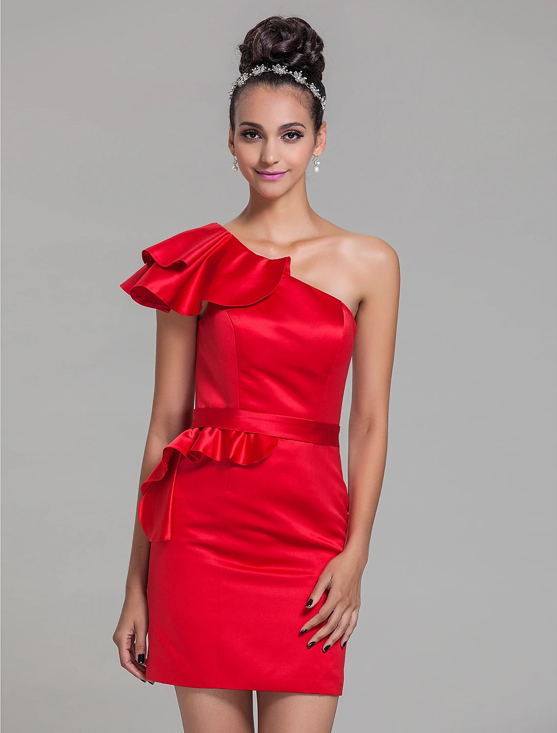 Full length view of the short mini satin bridesmaid dress with a one-shoulder design.