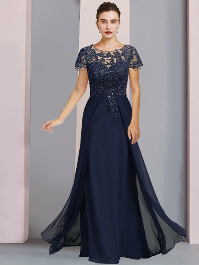 Elegant Sheath Column Mother of the Bride Dress with scoop neck, short sleeves, and sequin appliques.