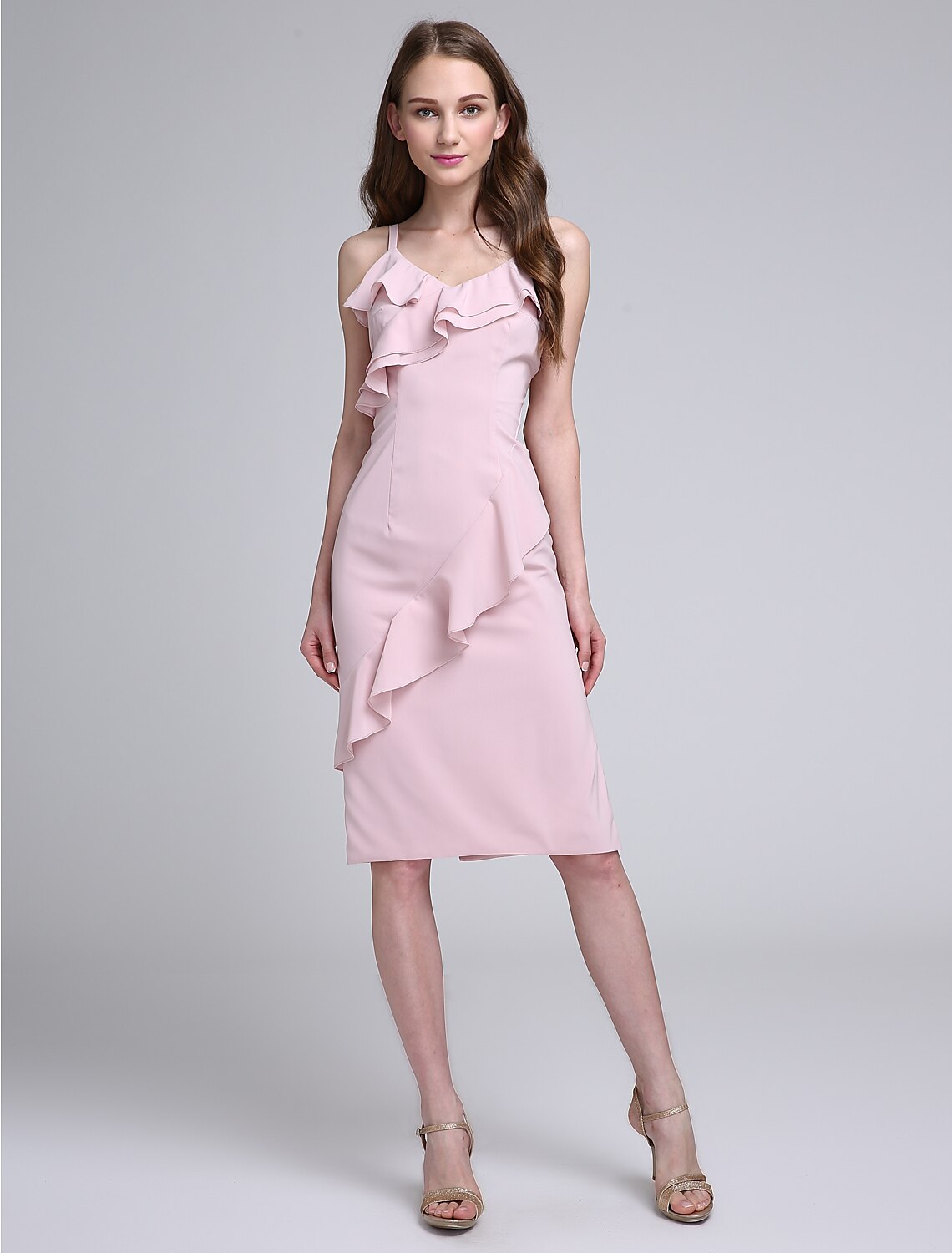 Elegant Sheath Column Bridesmaid Dress with spaghetti straps and ruffles.