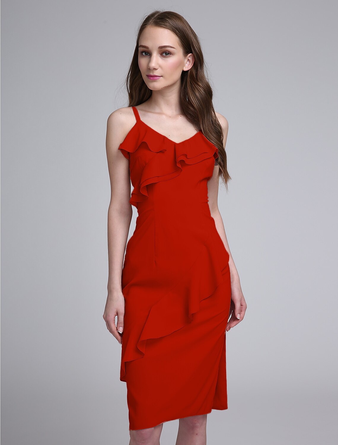 Side profile of a Knee Length Bridesmaid Dress with ruffles.
