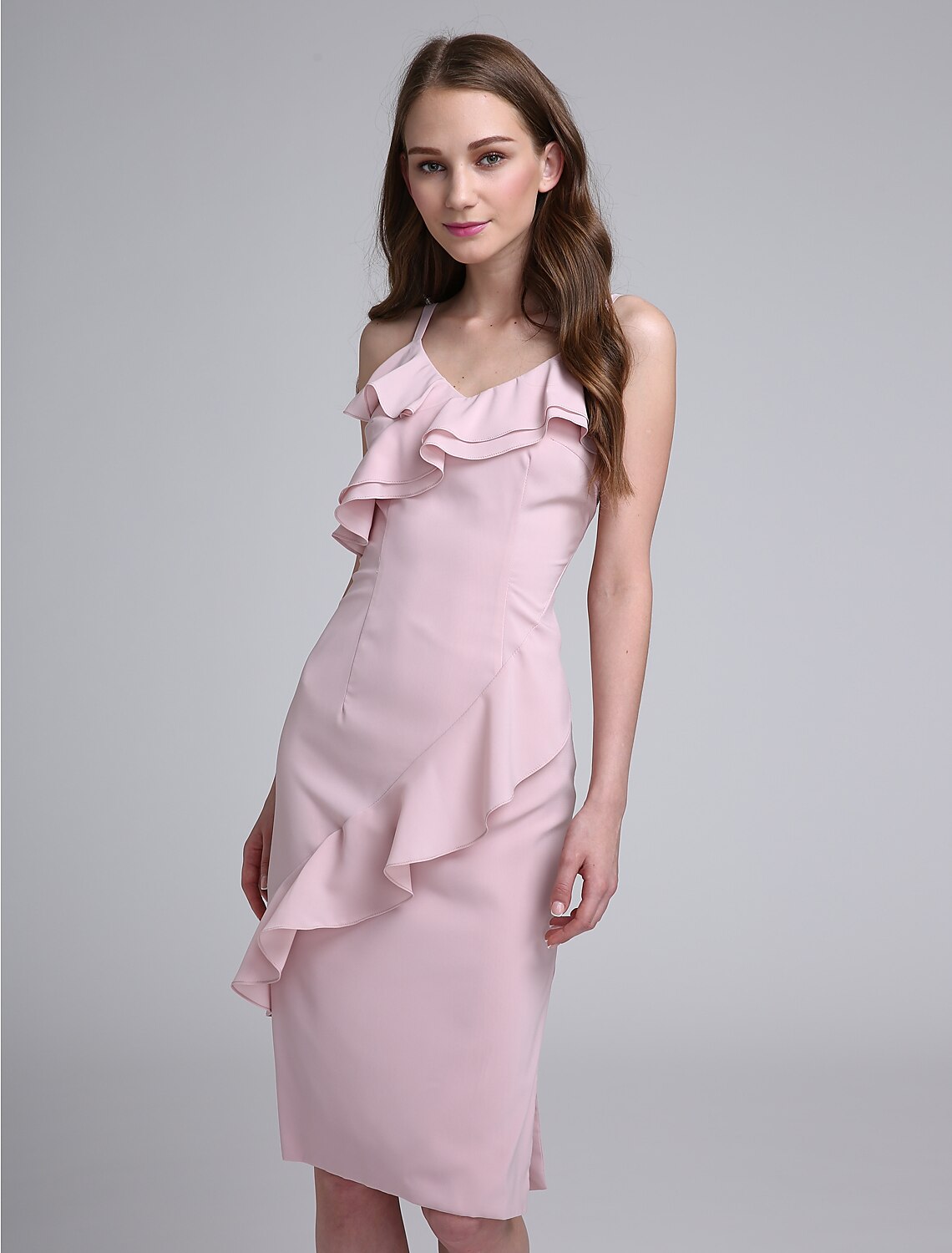 Chiffon bridesmaid dress featuring a sheath column design.