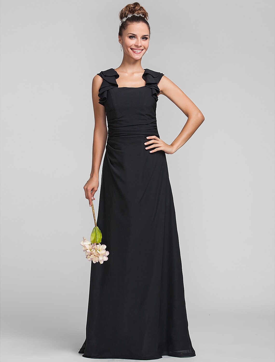 Elegant chiffon bridesmaid dress with square neck and ruffled straps.