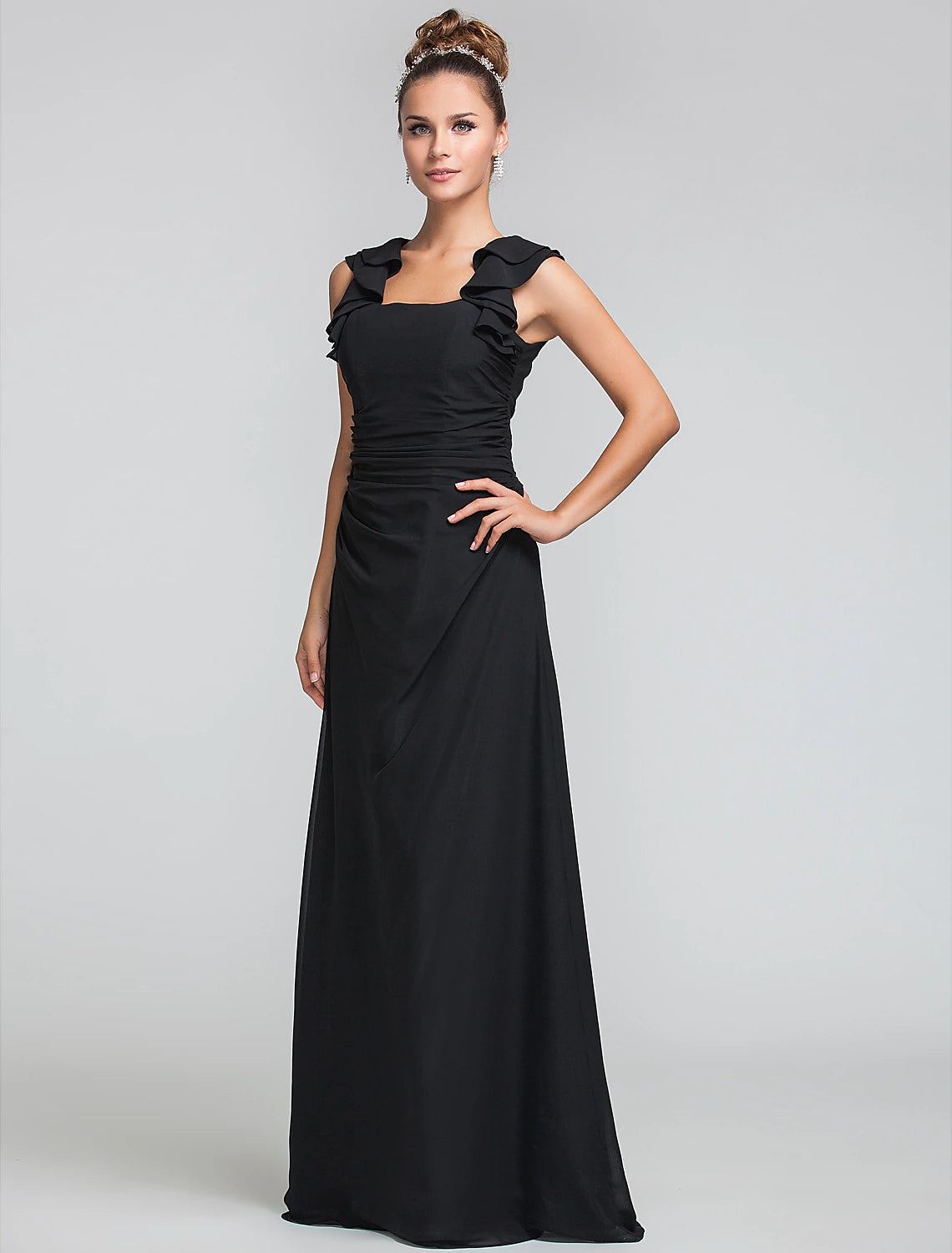 Stylish floor-length formal gown with square neckline.