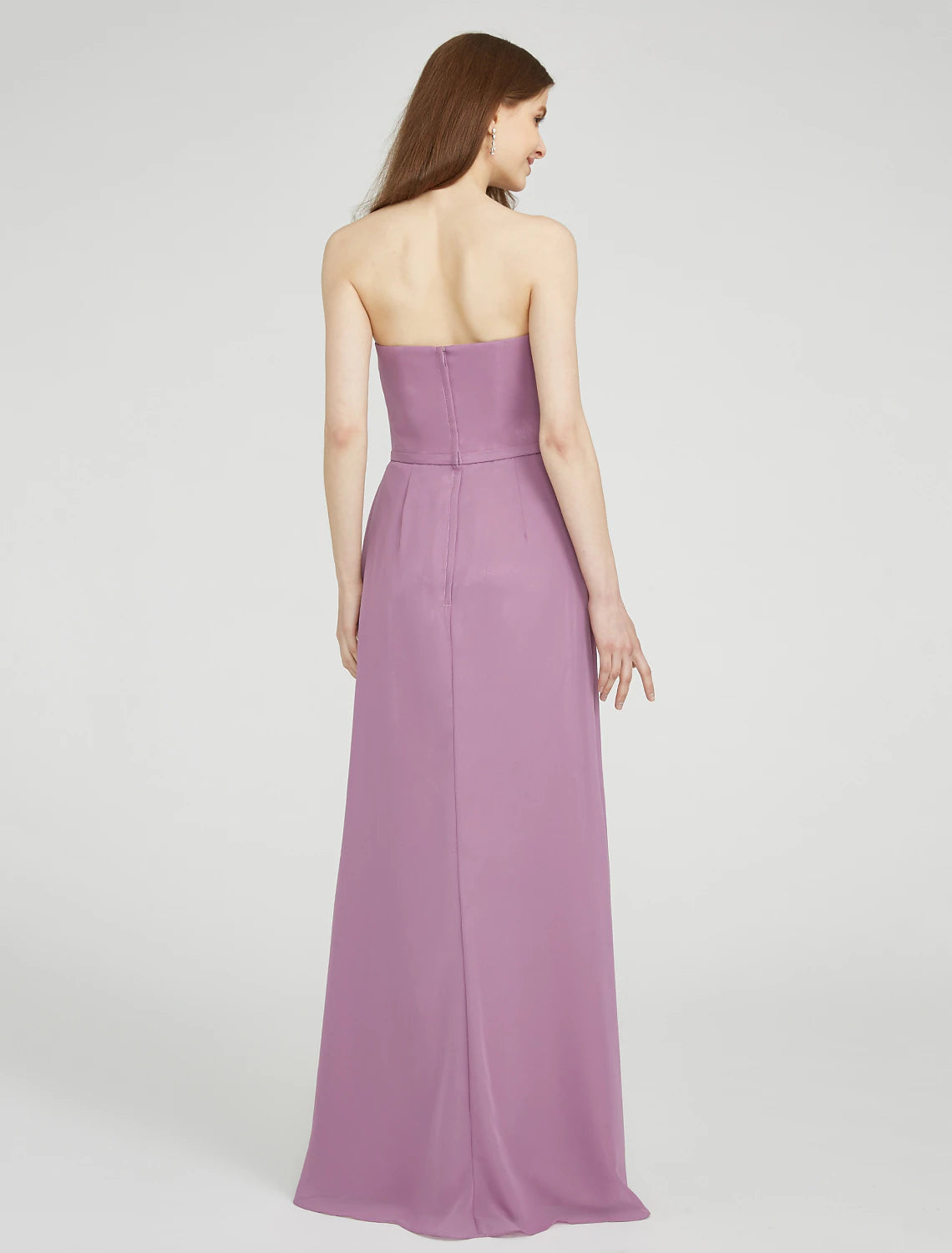 Side view of a light blue sheath chiffon bridesmaid dress, highlighting the asymmetrical design.