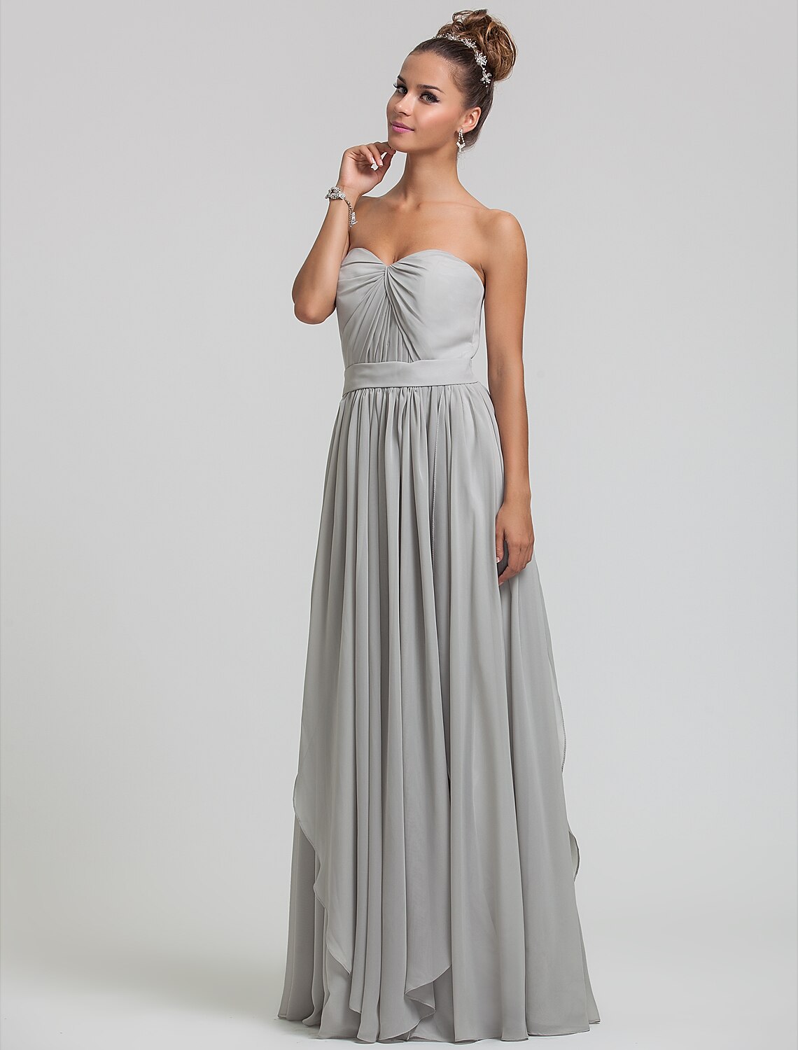 Back view of the floor-length sheath column bridesmaid dress.