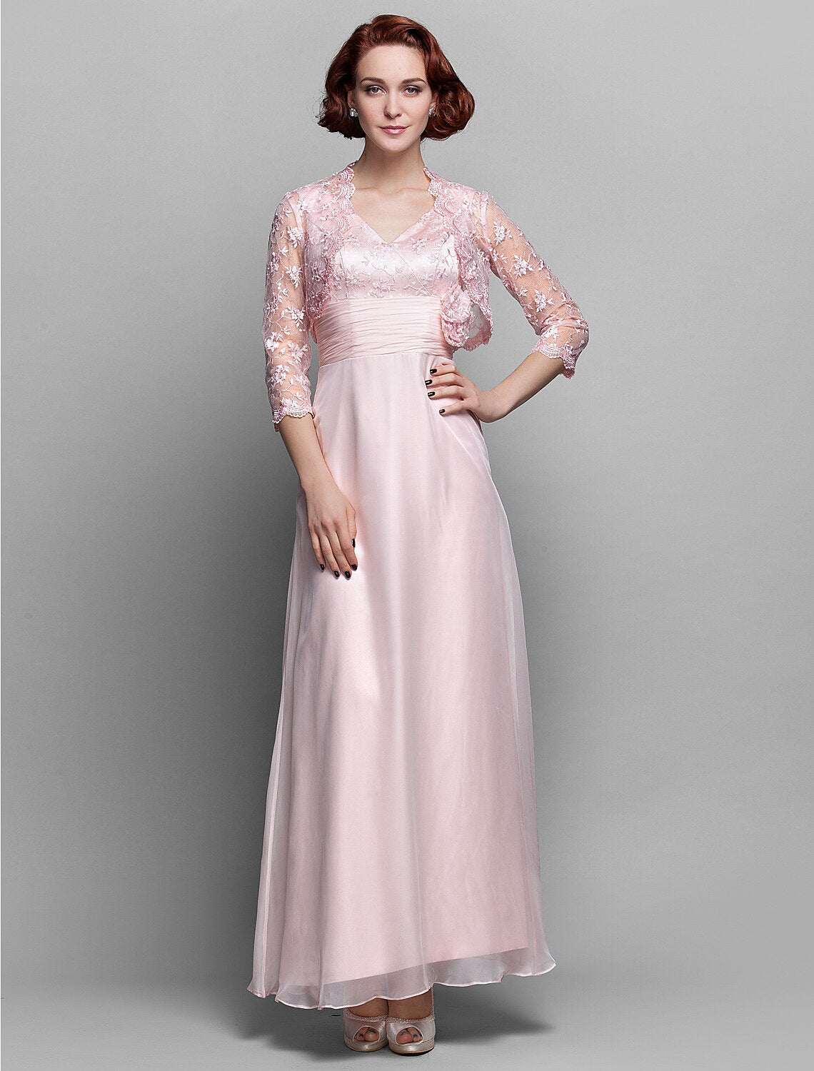 Elegant sheath column mother of the bride dress with V-neck and 3/4 sleeves.